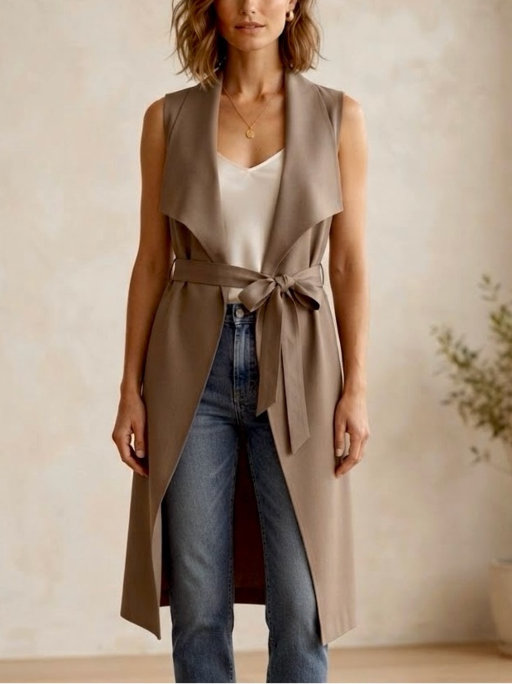 Revamped Sleeveless Drape Front Belted Cardigan Size M